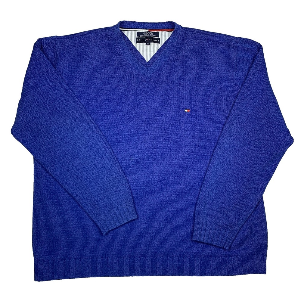 Tommy Hilfiger Sweater Mens XL Royal Blue V-Neck 100% Cotton Knit Pullover XL